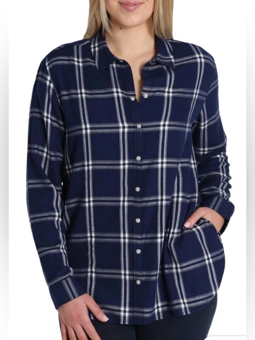 Jachs New York Girlfriend Plaid Fleece Shirt Size L Navy Blue White Snap Button